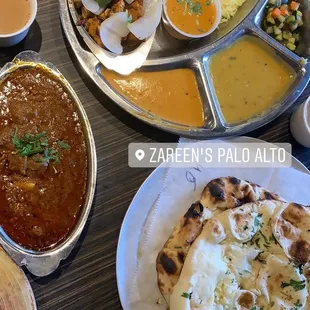 Chicken boti meal, lamb curry, garlic naan