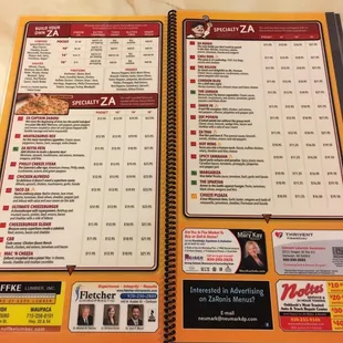 Pizza menu
