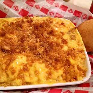 The Wisco Mac with brats, onions, sauerkraut, mustard with bread crumb topping