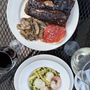 a plate of food and a glass of wine