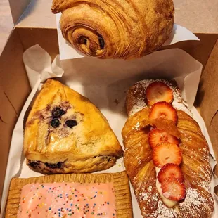 Pain au chocolat, Strawberry Cream Croissant, Raspberry Pop Tart, and Blueberry Scone (10/2/23)