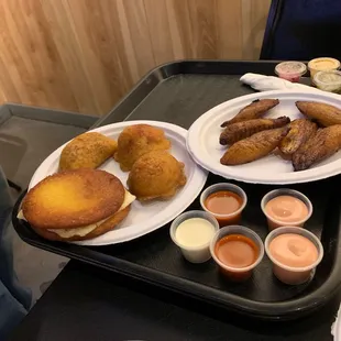 Arepa, Beef Emapanada, Chicken Emapanada, Fried Bananas
