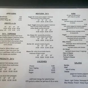 Pizza, Subs, and Salads on the menu