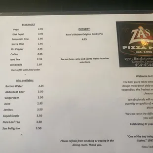 Beverage menu