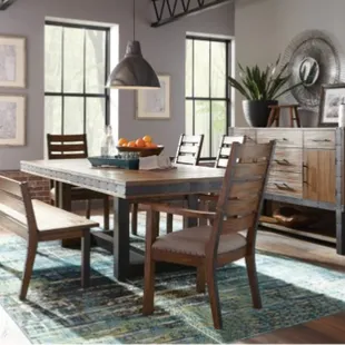 Grab this metal/wood/Upholstered style table for a unique "Industrial" Look.
