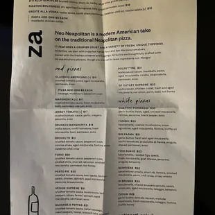 Pizza &amp; Pasta Menu