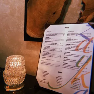 Wine and beer menu