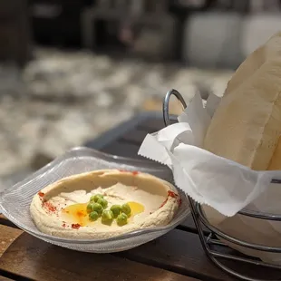 Hummus and bread on a nice sunny day