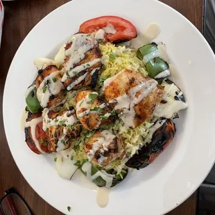Chicken skewers and rice