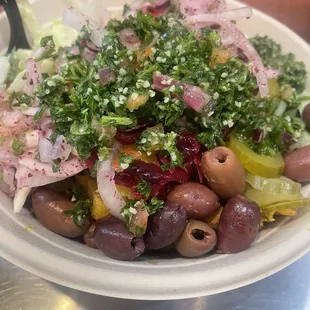 Chicken  Fries Bowl Baba Ghanoush Tabouleh Extra Hot Sauce Extra Garlic Sauce Extra Olive oil sumac lemon juice