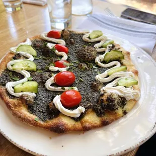 Brunch Menu: Mankoosha oven baked flatbread, zaatar mix with olive oil, tomatoes, cucumbers, labneh