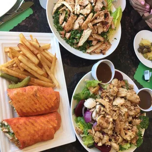 We had the Zaytoona salad with sharwarma chicken the tabouli salad with grilled chicken and the fire wrap