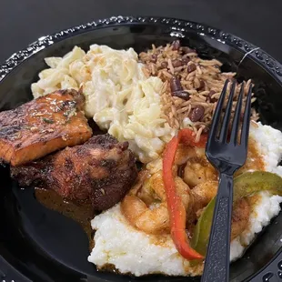 BBQ salmon, sweet chili chicken wings, shrimp and grits, Mac n cheese, Haitian rice