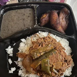 Ropa Vieja (to go) with white rice, black beans and plantain