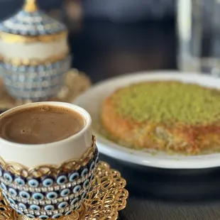 Turkish coffee with Knafeh dessert