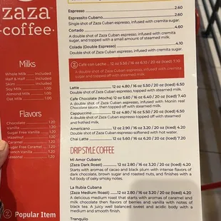 Coffee menu