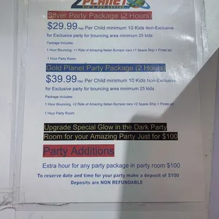 Party package prices