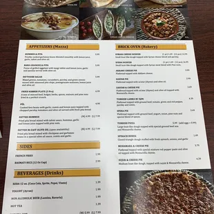 a menu for a variety of foods