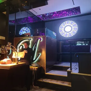 Dj booth and meat carving station for brunch