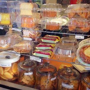 a display case filled with food