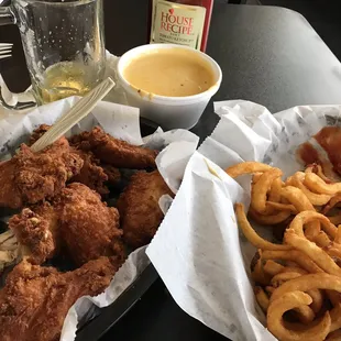 Fried Chicken Jeez Sauce And Curly Fries