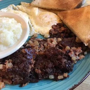 Hash, grits, eggs.