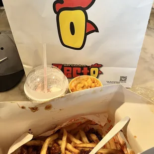 Loaded fries, Mac and strawberry shake