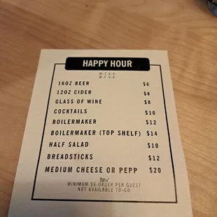 Happy hour menu