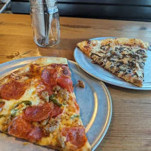 Slice 1: pepperoni, sausage, jalapeno. Slice 2: mushroom, shitaki, parmesan