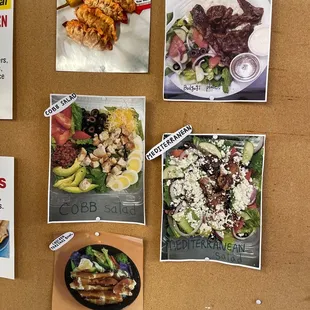 a cork board with pictures of food