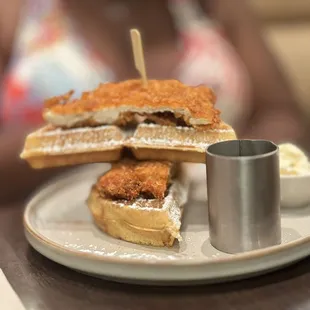 Fried chicken breast, home style waffle, house spicy maple syrup.