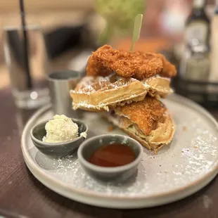 a plate of fried chicken and waffles