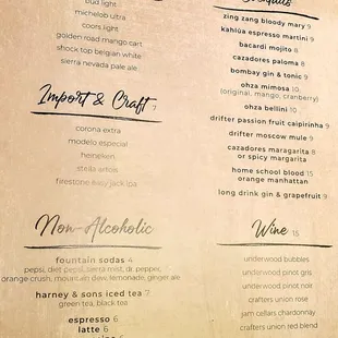 Beverage menu