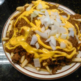 "South of the border fries", a dinner plate full of chili cheese fries
