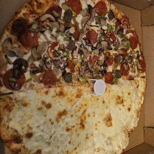 Large Supreme and White pizza
