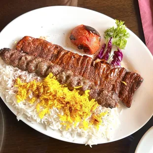 Top Sirloin Kebab (Called Barg, or Soltani)-- Tender prime top sirloin beef marinated and chargrilled.