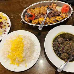 Zeitoon palace platter (mixed kabab) Ghormeh Sabzi Barberry rice  Mirza ghasemi