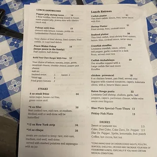 Back side lunch menu