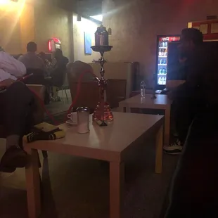 Hookah on the table... self lighting charcoal and disposable hoses.