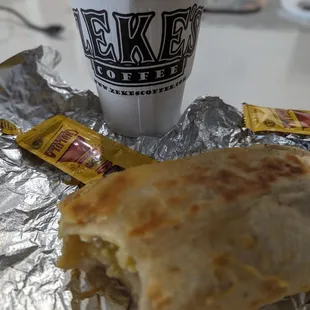 Breakfast burrito with Cholula packets