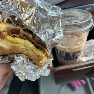 Maple bacon breakfast sandwich and chai tea iced latte