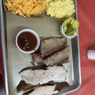 2 Meat Plate with Brisket and Turkey; sides are Mac &amp; Cheese and Spanish Rice
