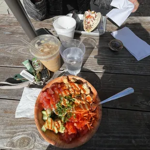 Zeke's Bibimbap Breakfast with ahi tuna. Pumpkin Marshmallow iced latte. Along with 2 Tuna tacos.