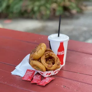 onion rings and a drink