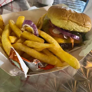 a cheeseburger and fries
