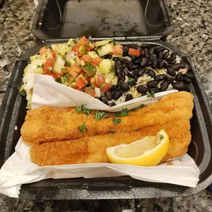 Fried Basa w/rice, black beans and chop chop on special only $8.99