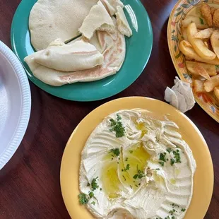Hummus with warm pita bread.