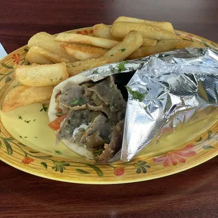 Lamb and beef gyro with fries