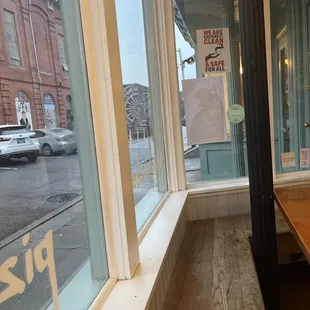 Inside at a bench seating table