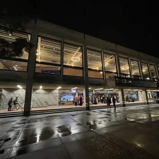 the exterior of the building at night